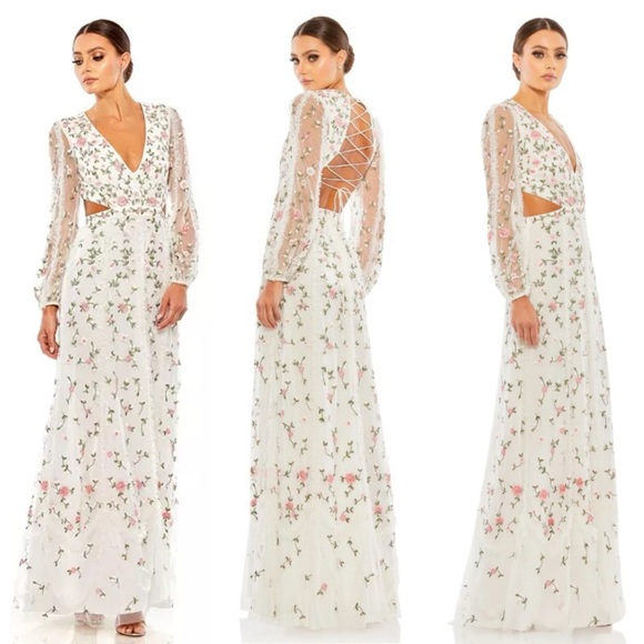 Mac Duggal Lace-Up Back Embroidered Long Illusion Sleeve Sheath Gown - 0 - Picture 1 of 4